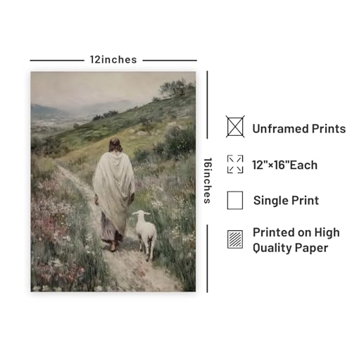 Christian Wall Decor Aesthetic Jesus Wall Art Vintage Painting Pictures Jesus and Lamb Painting The Lost Sheep Posters Prints 12x16inch Unframed Decor for Hallway Bathroom Dining Living Room Kitchen - color: Purple and white, size: 12"L x 16"W