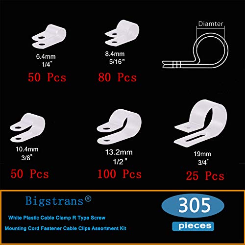 Bigtrans 305 Pcs Nylon Plastic R-Type Wire Clips 1/4" 5/16" 3/8" 1/2" 3/4" Clamps Fasteners Assortment for Cable Conduit -5 Size -White - color: White, size: 305 Pack Clips Only
