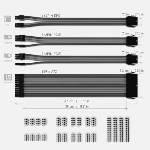 EZDIY-FAB PSU Extension Cable Sleeved Custom Mod PC Power Supply Cable, Soft Nylon Braided with Comb Kit 24PIN/8PIN to 6+2Pin/ 8PIN to 4+4PIN-30CM - Black Grey - color: Black Grey