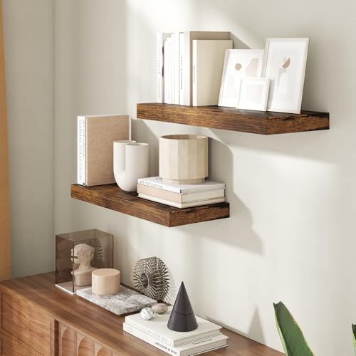 24 Inch Floating Shelves for Wall, 8 Inch Deep Floating Shelf for Storage & Display, Wall Mounted Shelf with Invisible Brackets for Living Room, Kitchen, Bathroom, Home Decor, Set of 2, Rustic Brown - color: Rustic Brown, size: 24 Inch, Set of 2