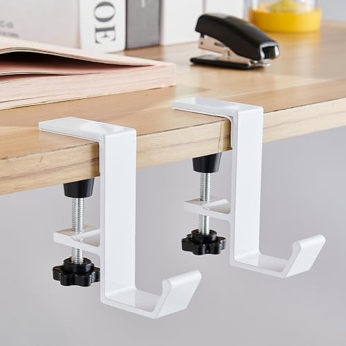 2Pcs Clamp-On Under Desk Headphone Holder Students' Desk Hook Women's Bag Hook with Adjustable Arm Clamp Backpack Handbag and Purse Holder - Suitable for Plate Between 1-5cm / 0.4-1.96” - White - color: White