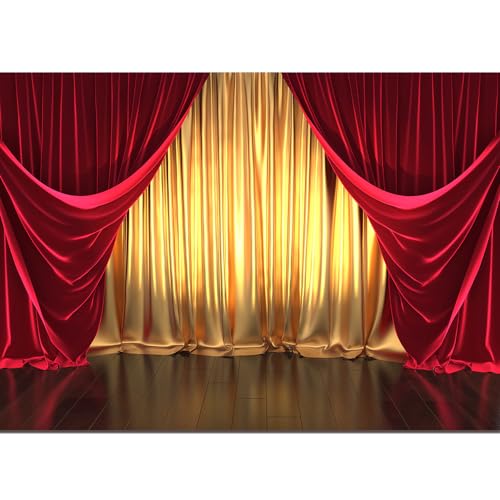 Golden and Red Curtains 3D Rendering Theater Stage Theme Photography Backdrops Wedding Birthday Party Decor Photo Background Banner Photo Studio Props 8x6FT - size: 8x6FT(240CM X 180CM)