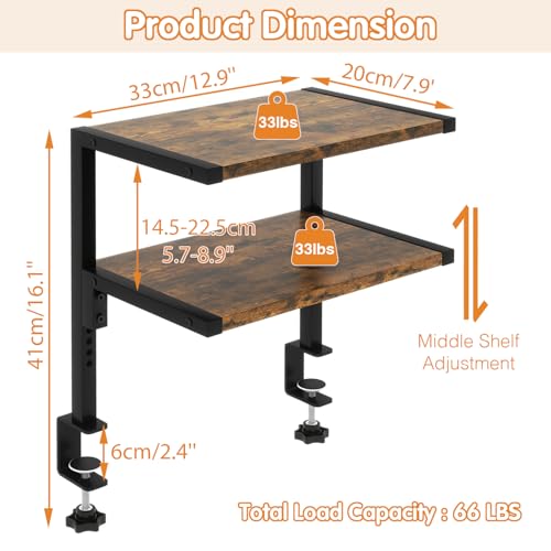 IBUYKE Clamp on Desk Organizer Shelf,12.9 inches Desk Extender Shelves, Above or Below Desk 2-Tier Adjustable Storage Shelves for Desktop Accessories,Rustic Brown,TMZ007H - color: Brown