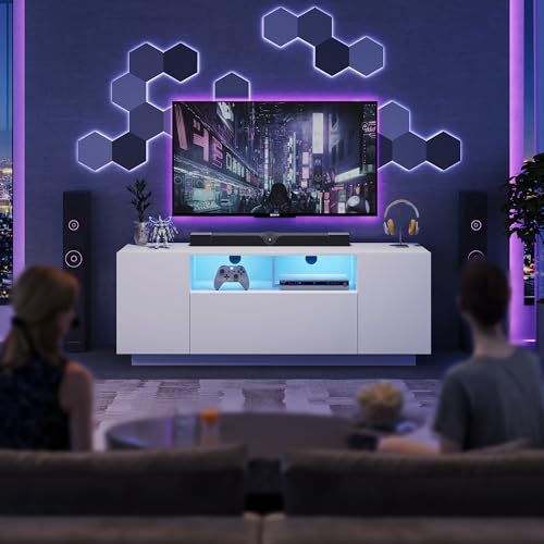 WLIVE TV Stand with LED Lights & Large Storage Cabinet, Modern Entertainment Center for 32/43/50/55 Inch TVs, Sturdy Media Console for Living Room, Bedroom, Gaming, White - color: White, size: 48'' Modern TV Stand