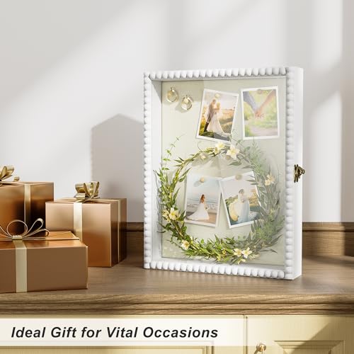 Love-KANKEI Shadow Box Frame 11x14, Deep Large Shadow Box Display Case with Unique Beads Door and Glass Window, Wood Memory Box for Pictures,Medals,Memorabilia,Collections White - color: White, size: 11x14