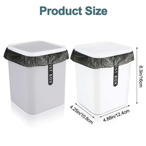 2Pcs Mini Trash Can with Lid, Plastic Mini Wastebasket with 5 Roll Trash Bags, Tiny Desktop Waste Garbage Bin for Kitchen Bathroom Office Home Desk Bedroom Vanity Tabletop(White+Grey)