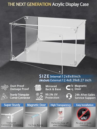 Clear Acrylic Display Case with Mirrored Back and Base, UV Protected Acrylic Box with Magnetic Door, Dustproof Display Box Showcase for Collectibles, Figures, Models, Toys (12x8x8inch) - size: 12x8x8 inch