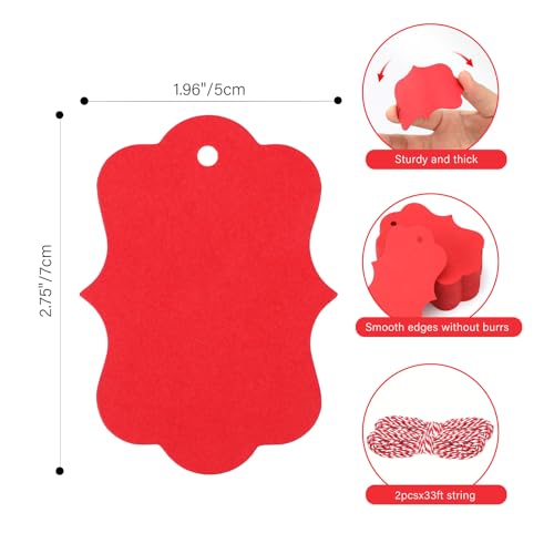 G2PLUS Red Gift Tags, 100PCS Red Paper Gift Tags with String, 2.8x2 in Blank Hang Labeling Tag for Gift Wrapping, DIY Arts & Crafts, Christmas, Valentines Party Favors - color: Red