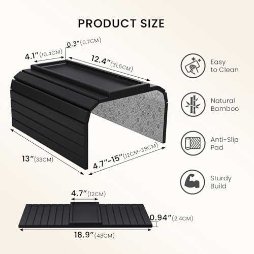 2 Pack Sofa Arm Tray, Bamboo Folding Couch Armrest Tray with Anti-Slip Pad for Drinks, Snacks, Phone, Remote Control (Black) - color: Black