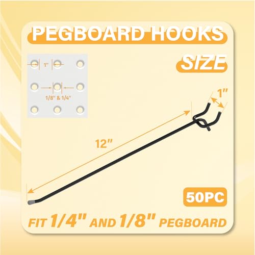 50PC 12" Pegboard Hooks for 1/4" Peg Board | Heavy Duty Black Metal Pegboard Hooks for Tools & Supplies, 30 lb Capacity Organizer Accessories for Garage, Store - size: 12 Inch