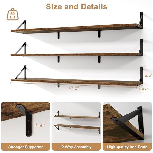 Fun Memories Extra Long Floating Wall Shelves, 48 x 8 Inches, Set of 3 Large Wood Floating Bookshelves with Metal Brackets for Storage & Display (Rustic Brown) - color: Rustic Brown, size: 48"W x 8"D