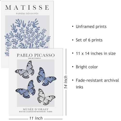 Abstract Matisse Wall Art Exhibition Posters, Vintage Art Boho Art Prints, Retro Room Decor for Aesthetic Bedroom, bule wall art, Unframed, 11 x 14 Inch(Blue)-B04L - color: P Bluish grey, size: 11x14 in Unframed