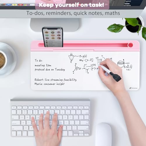 Varhomax Glass Desk Whiteboard with Storage, Desktop Organizer to-do List Memo Notepad Dry Erase White Board for Home Office and School Supplies (Pink) - color: Pink Base