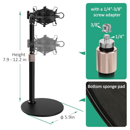 AT2020 Mic Stand, Adjustable Height Desk Mic Stand with Shock Mount, Foam Windscreen, Metal Weighted Base, 1/4 to 3/8 Metal Adapter, for AT2020 AT2020USB AT2020USB+ AT2035 Mic by Rigych - color: Desktop Stand