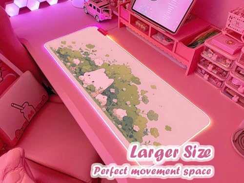 JMIYAV Pink RGB Gaming Mouse Pad 31.5x12 Inch PC XL Large Extended Glowing Led Light Up Desk Pad Non-Slip Rubber Base Computer Cute Mousepad Mat Desk Accessories Gaming Setup Hidden Cat - color: Hidden Cat