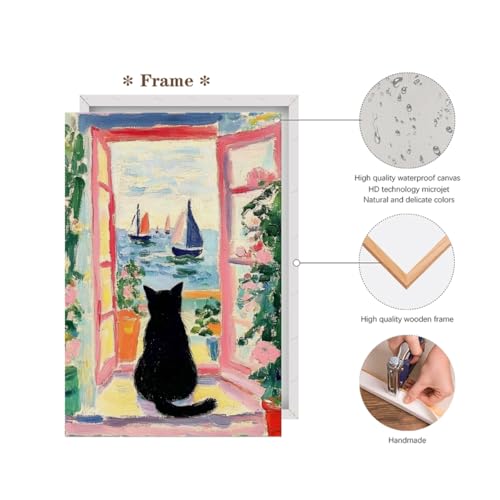 Vintage Colorful Black Cat Wall Art Funny Floral Oil Painting Poster Aesthetic Animal Print Window Landscape Picture for Dorm Bedroom Gallery Living Room or Pet Lover 8x12inch Framed - color: Colorful - Wooden Framed, size: 8"L x 12"W