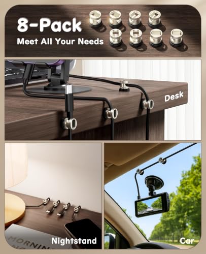 Maveek Magnetic Wire Holder 8-Pack, Stainless Steel Magnet Cord Clips Cable Organizer Home Office Desk Nightstand USB Charge Cords Management Car Dash Cam (Metal Silver) - color: Silver, size: 8Pcs