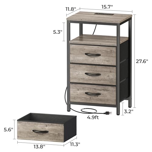 Huuger Nightstand with Charging Station, 27.6 Inch End Table Bedside Table with USB Ports and Outlets, Night Stand for Bedroom, Fabric Drawers, Oak - color: Oak, size: 11.8"D x 15.7"W x 27.6"H (3 Drawers)