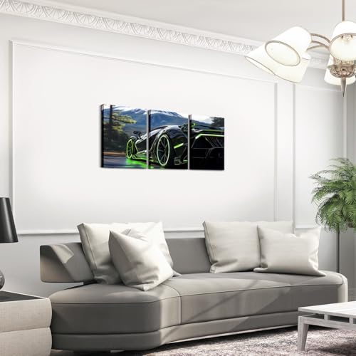 3D Kids Boys Sports Car Canvas Wall Art Set of 3 Green Race Car Wall Art for Kids Teen Boy Boys Racing Cars Wheel Poster Prints Girls Sports,12x16 - color: Black And Green