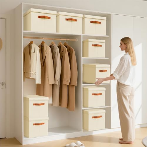 Homsorout Storage Bins with Lids - Large Fabric Closet Bins with Lid, 8 Pack Clothes Organizers and Storage, Collapsible Stackable Cube Basket for Home, Office, Dorm, Beige - color: Beige, size: XL(8-Pack)