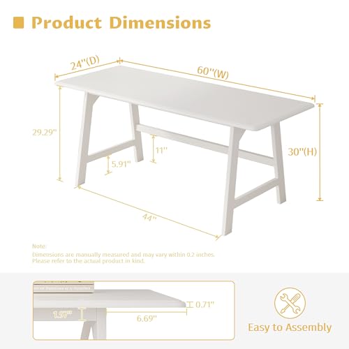 IOTXY Solid Wood Writing Table - 60" W x 24" D Minimalist Computer Desk for Home Office, Work, Study, Creativity, and PC Workstation, White - color: White, size: 60" W