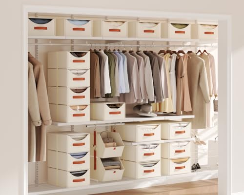 Homsorout Stackable Storage Drawers - Large Collapsible Storage Bins with Drawers, 4 Pack Closet Shelf Organizer Basket, Fabric Pull Out Organizer for Bedroom, Living Room, Dorm, Light Beige - color: Light Beige, size: 16 Inch. - 4 Pack