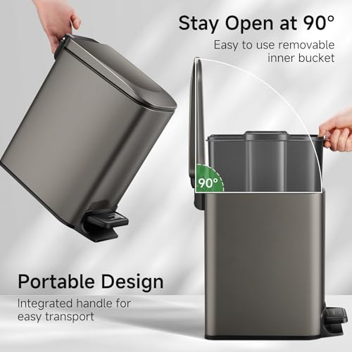 TIPGO Slim Bathroom Trash Can with Lid Soft Close, 6 Liter / 1.6 Gallon Stainless Steel Garbage Can with Removable Inner Bucket, Step Pedal, Small Trash Cans for Bedroom, Office, Kitchen (Black Gold) - color: Black Gold