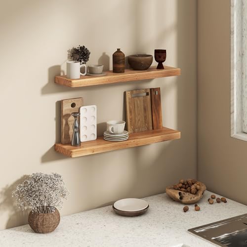 Fun Memories Rustic Elm Wood Floating Shelves, 30 Inch Wall Shelf Set of 2, Wooden Bathroom Shelves with Heavy-Duty Bracket, Storage & Display Shelf for Kitchen, Bedroom, Living Room - color: Usa-sourced Elm Wood, size: 30"W x 6.7"D