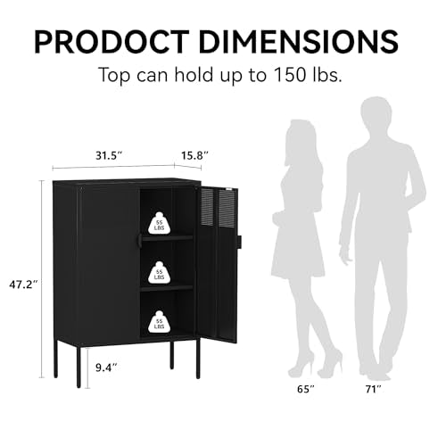 COFaR Black Metal Cabinet with Adjustable Shelves, 47”H Industrial Buffet Sideboard & Coffee Bar Station, Ventilated Steel Storage Cabinet with Magnetic Doors for Kitchen, Office, Living Room - color: Black, size: 47"H with Mesh