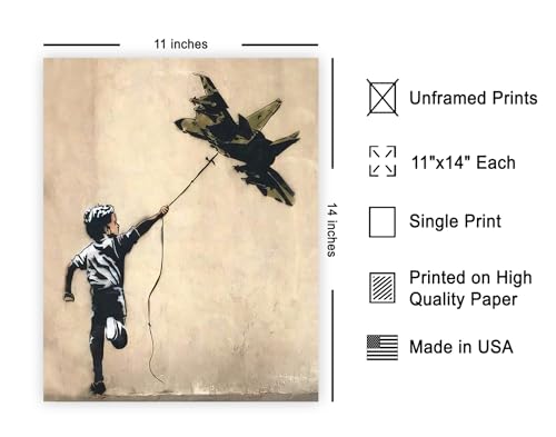 Poster Master Boy Playing With Jetfighter Kite Poster - Aircraft Kite Print - Banksy Illustration Art - Nursery Piece - Great Kid's Room or Bedroom Wall Decor - 11x14 UNFRAMED Wall Decor - color: Style-03, size: 11"L x 14"W