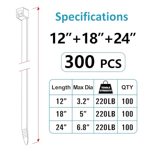 Zip Ties, Zip Ties Heavy Duty, Assorted Sizes (12"+18"+24")-300 Pack, Cable ties, Large Zipties Heavy Duty Black, Wire Ties with 220 lb Tensile Strength for Outdoor Use, Long Zip Tie, ANOSON - size: 12+18+24/300 pk,220 Lb