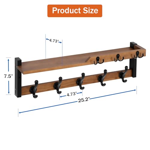 dreampossible 4 in 1 Coat Rack Wall Mount with Shelf, Coat Hooks 25.2" Entryway Coat Hanger with Key Hooks and Mail Holder, Wall Hooks with Shelf, Hat Rack for Wall Key Holder Mail Organizer - color: Brown