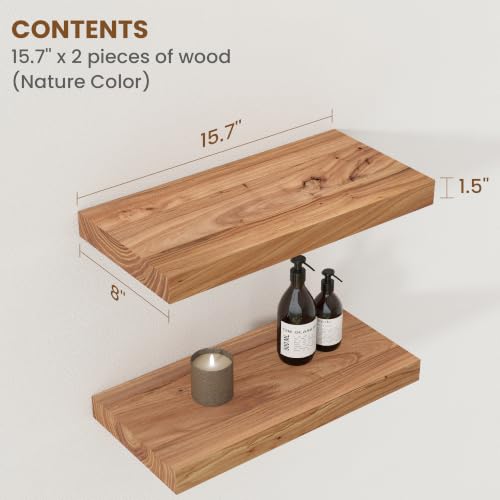 Floating Shelves for Wall, 8" Deep Rustic Solid Elm Wood Floating Shelves Wall Mounted, Wall Shelves with Invisible Bracket for Living Room Bedroom Bathroom Kitchen, 15.7 Inch Set of 2, Natural - color: Natural, size: Flat Edge, 15.7"L, 2Packs