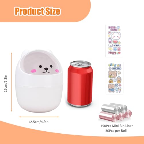 Cute Desktop Tiny Trash Can with Flip Lid, Creative Kawaii Bear Mini Wastebasket, Portable Countertop Dustbin for Office Kitchen Vanity Tabletop Bedroom (White) - color: White