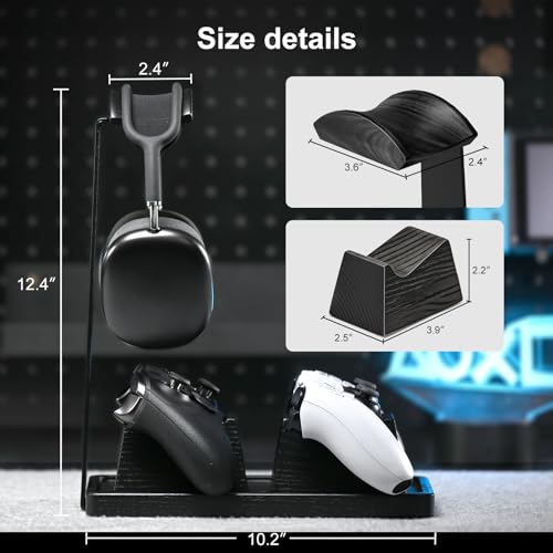 UPERGO Headset Stand with 2 Controller Holders - Solid Wood & Metal Gaming Headphone Holder for Switch, Controllers, and Desk Accessories (Black) - color: Black