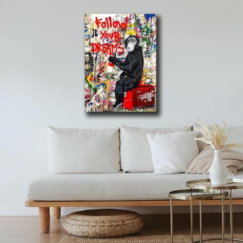 FLTABI Banksy Canvas Wall Art Monkey Street Graffiti Wall Art Decor Follow Your Dreams Inspirational Wall Art Ready to Hang for Living Room Bedroom Home Bathroom Wall Decor 16''Wx24''H / 40x60cm - color: Monkey, size: 16 x 24 inches