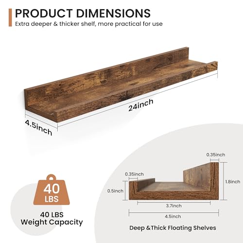Fun Memories Picture Ledge Shelves Set of 2, 24 Inch Rustic Wall Mounted Floating Shelves with Lip for Home Storage and Décor in Bathroom, Kitchen, Nursery, Bedroom, Living Room, Brown - color: Brown, size: 24 inch, Set of 2