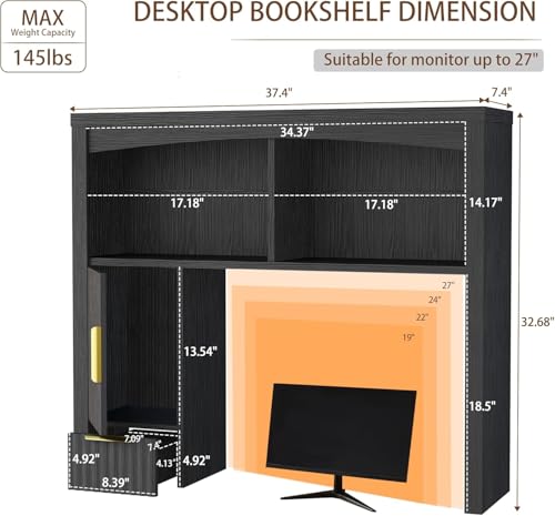 Desk Hutch Shelf, Desktop Shelf Organizer 37 inch Wide Desktop Bookshelf 2-Tier Wood Hutch Bookcase Organizer with Drawer Dorm Table Shelves Desk Shelves Office Bookshelf with Storage-Black - color: Black, size: 37"W