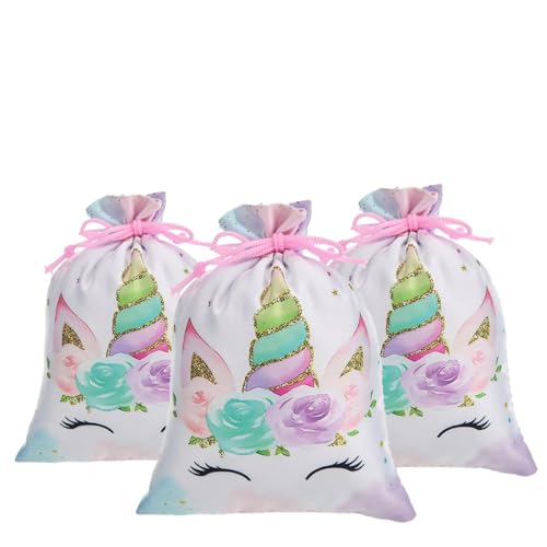RICHNESS Unicorn Party Favor Bags with Floral Design, Drawstring Closure, Pastel Colors, Pack of 16 - color: White