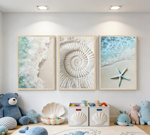 Set of 3 Coastal Beach Wall Art, Teal Ocean Wave Ammonite Fossil Starfish Canvas Poster Prints, Minimalist Nautical Wall Decor for Bathroom Bedroom Living Room Unframed - color: Gift of the Sea, size: 16"L x 12"W