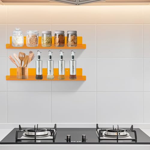 Dezzer 6 Pack Acrylic Shelves for Wall, 15" Acrylic Floating Shelves for Bathroom Bedroom, Invisible Bookshelf Wall Ledge Storage Shelf Books Perfume Toys Action Figure Display Shelves, Clear Orange - style: 15 inch 6-pack Orange