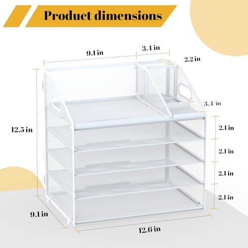 Letter Tray Paper, 5 Tier Desk Organizer with Pen Holder and Handle, Mesh File Organizer Paper Sorter Metal Desktop Document Shelf for Office Home Classroom - White - color: 5 Tier-white