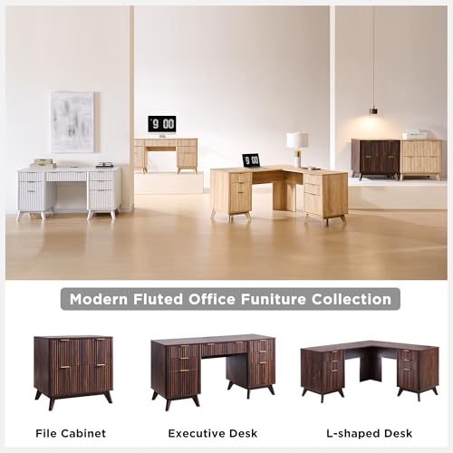 T4TREAM 60'' Fluted Executive Desk with Drawers, Modern Home Office Computer Desk with Charging Station, Keyboard Tray, File Drawer and Storage Cabinet for Study, Living Room, Bedroom, Dark Walnut - color: Dark Walnut