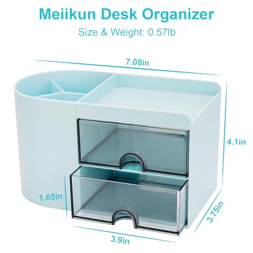 Meiikun Desk Organizer with Drawer, Pen Organizer for Desk, Small Pencil Holder, Desk Organizers and Accessories for Office Home Storage (2 Drawers+4 Compartments, Blue) - color: 4 Compartments + 2 Drawer (Blue)