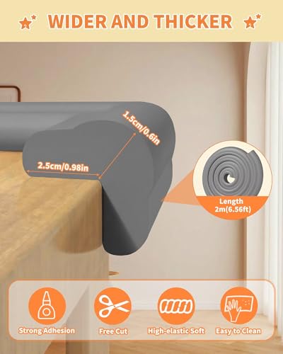 L-Shape 6.56FT 0.6'' Thick Baby Proof Corners and Edges, Pre-Taped | Thickened Upgrade, with 6 Corner Covers, Soft Rubber Foam Furniture Corner Bumper Guards for Table Wall Fireplace, Grey - color: Gray, size: 0.6''Th (6.56ft)