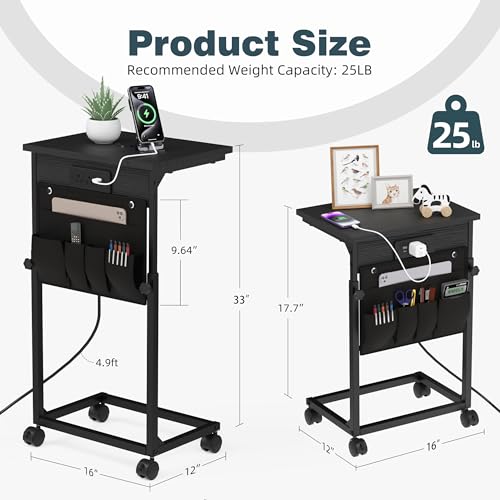 Adjustable Height Couch Table with USB-C Charging Station & Pocket Storage – Compact Couch Stand with Hooks & Wheels for Small Spaces & Living Room, Adjustable C Table (Black) - color: Black