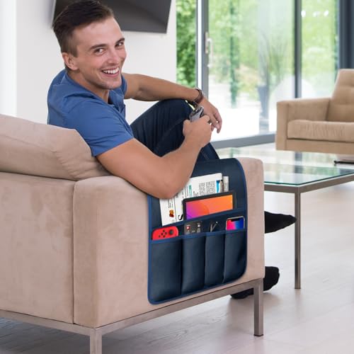 TV Remote Control Holder Couch Caddy, Non-slip Bedside Caddy Organizer with 5 Pockets for Key Glasses Phone Magazine Holders - color: Blue-A, size: 35"x12.4"