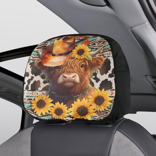 Highland Cattle 2 Pieces Car Head Rest Covers Sunflower Print Soft Stretchy Car Seat Head Rest Cover Protector Auto Interior Accessories Universal Headrest Anti-Dirty Covers - color: Highland Cattle