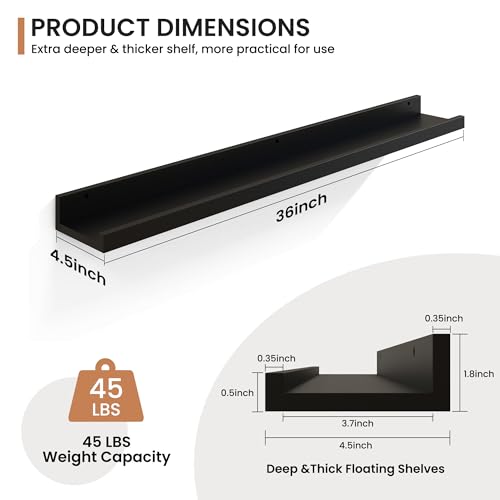 Fun Memories Picture Ledge Shelves Set of 2, 36 Inch Rustic Wall Mounted Floating Shelves with Lip for Home Storage and Décor in Bathroom, Kitchen, Nursery, Bedroom, Living Room, Black - color: Black, size: 36 inch, Set of 2