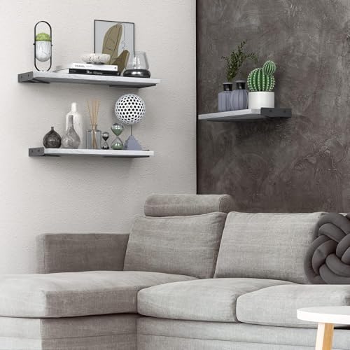 BAYKA Wall Shelves for Bedroom Decor, Floating Wall Shelves for Living Room Kitchen Storage, Mounted Rustic Wood Floating Shelves for Kids Books,Corner Shelves for Bathroom(Gray White,Set of 3) - color: E. Gray White Board & Black Brackets, size: 16-inch